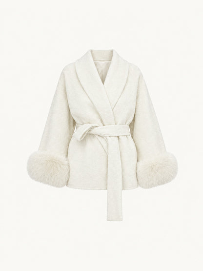 BELORA Apolline belted wrap coat with faux fur cuffs