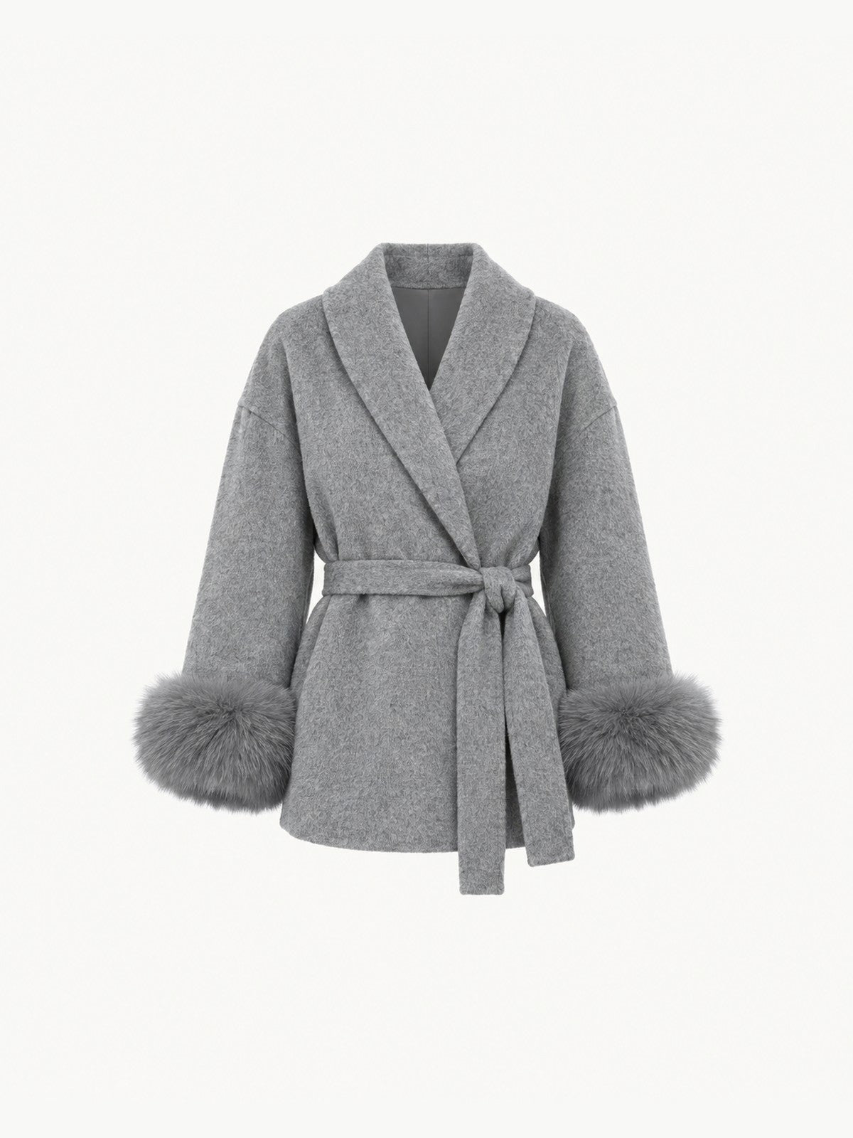 BELORA Apolline belted wrap coat with faux fur cuffs