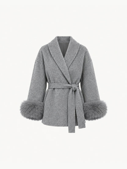 BELORA Apolline belted wrap coat with faux fur cuffs