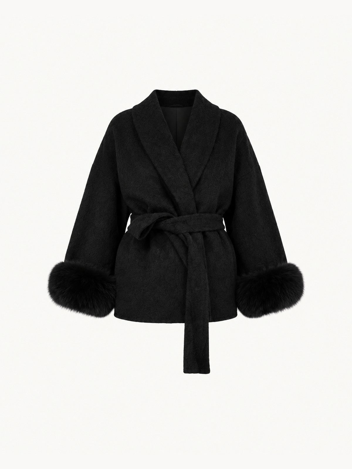 BELORA Apolline belted wrap coat with faux fur cuffs