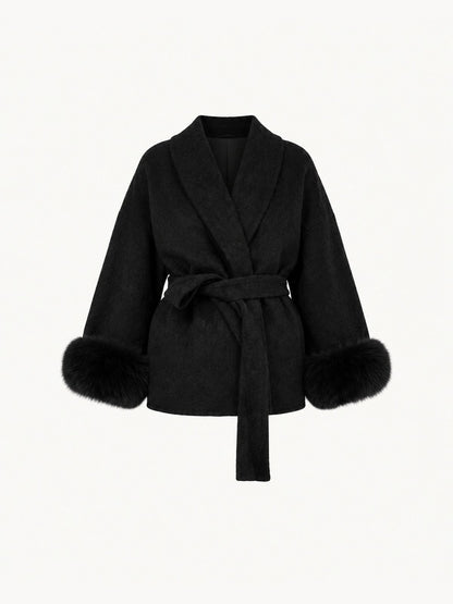 BELORA Apolline belted wrap coat with faux fur cuffs