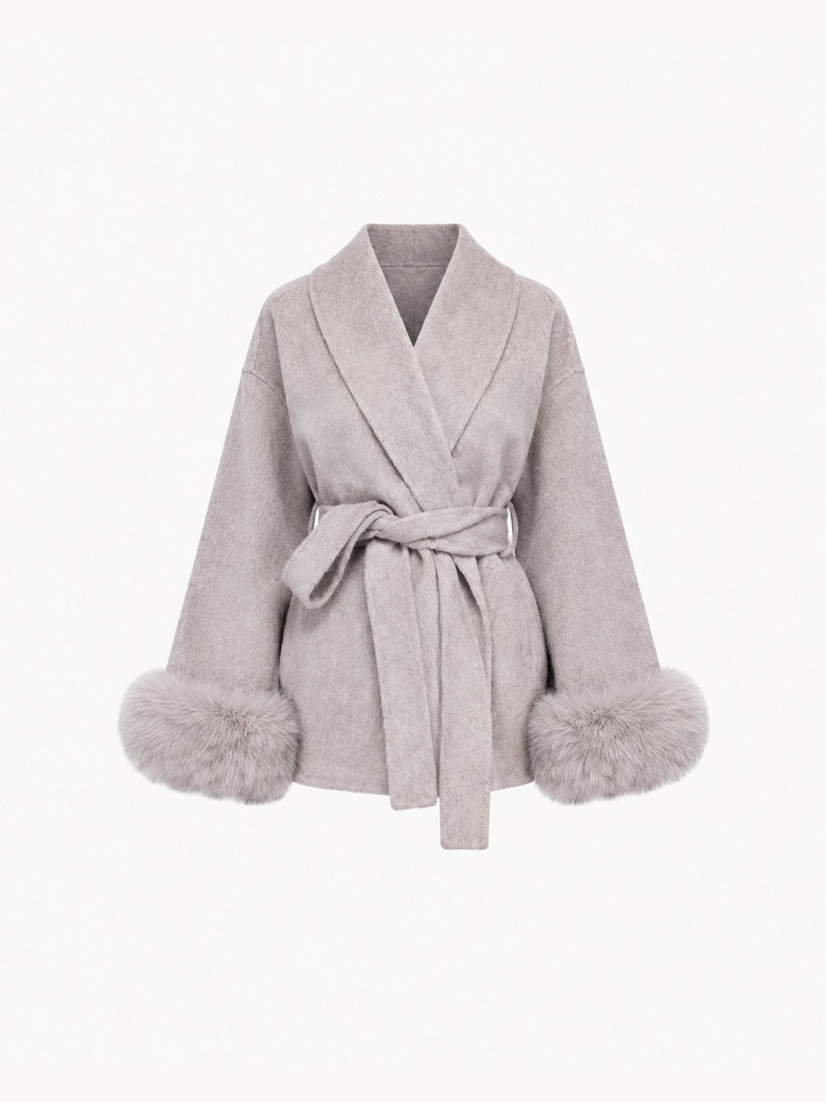 BELORA Apolline belted wrap coat with faux fur cuffs
