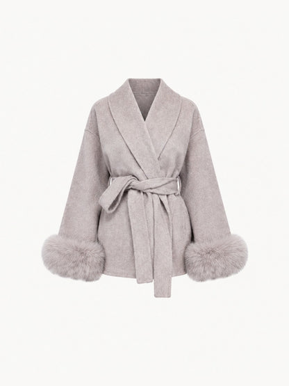 BELORA Apolline belted wrap coat with faux fur cuffs