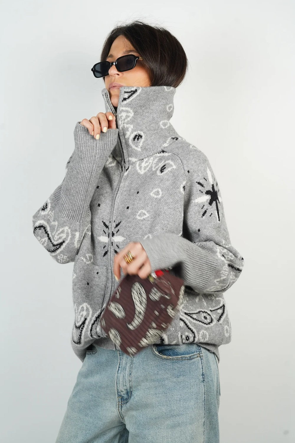 BELORA Eva bandana zip-up cardigan grey