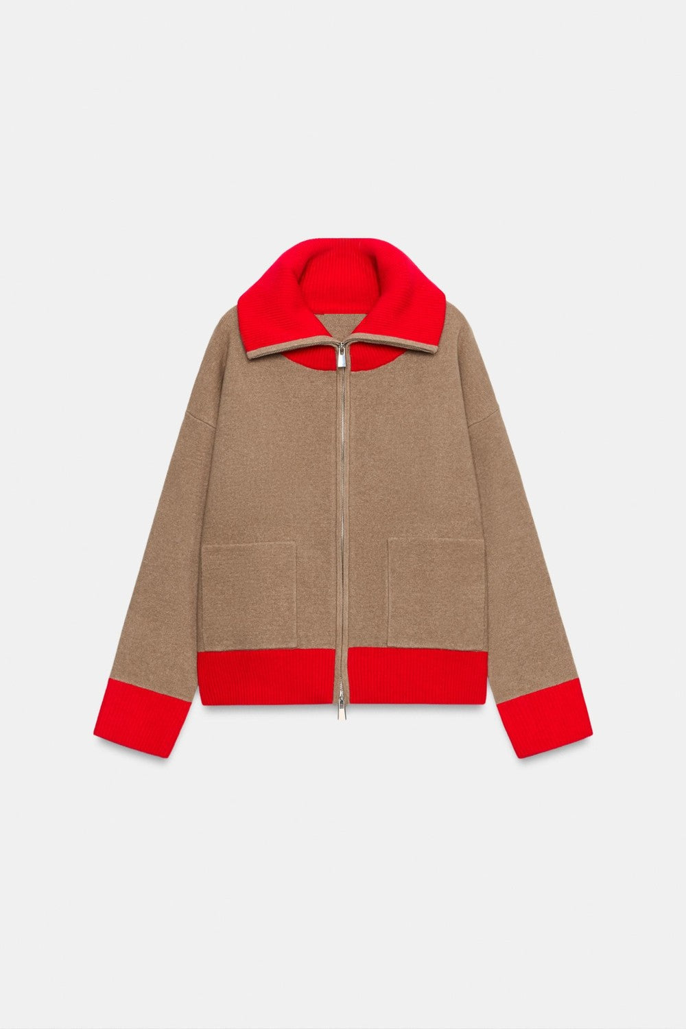 BELORA Lucie camel and red zip-up knit cardigan