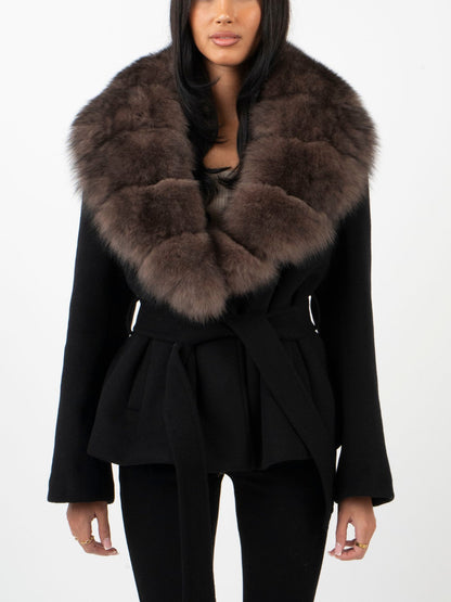 BELORA Margaux belted coat with fur-look collar in black, worn