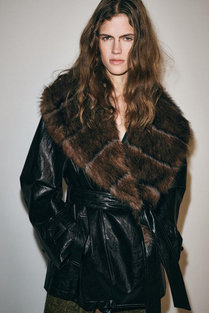BELORA Vera black leather-look trench with fur-effect collar